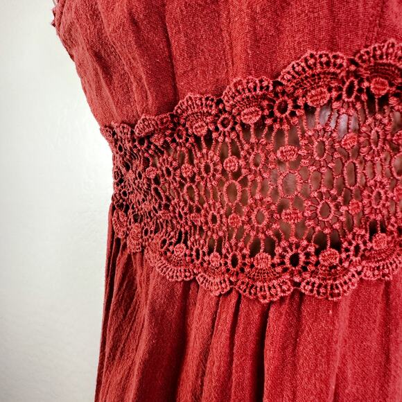 Urban Outfitters Tilly Lace Inset Crochet Boho Gauze Jumpsuit Rust Red Sz S NWT - Picture 6 of 12